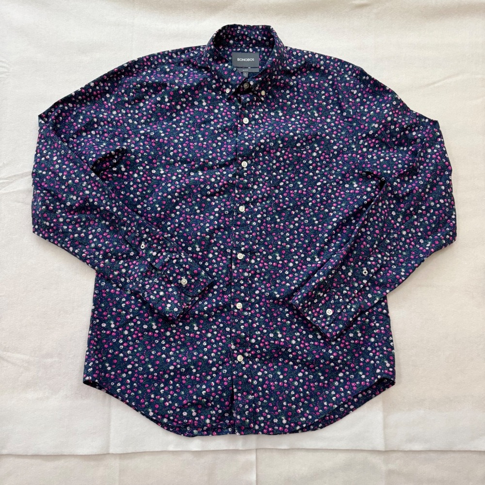Bonobos Slim Fit Mens Large Floral Ditsy Button Down Shirt Navy Pink‎ Cotton
